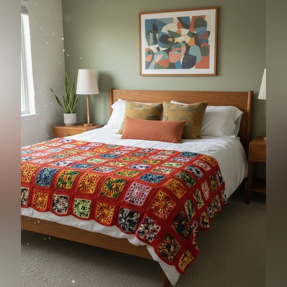 Vintage Other - VIBRANT Handmade Granny Square Crochet Blanket Rainbow Modern Boho Throw